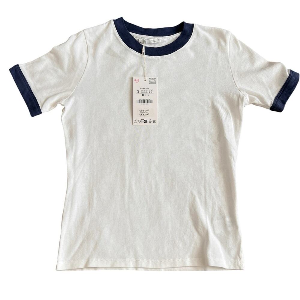 ZARA off-white ribbed cotton fabric w/ navy blue ribbing on the crew neckline S